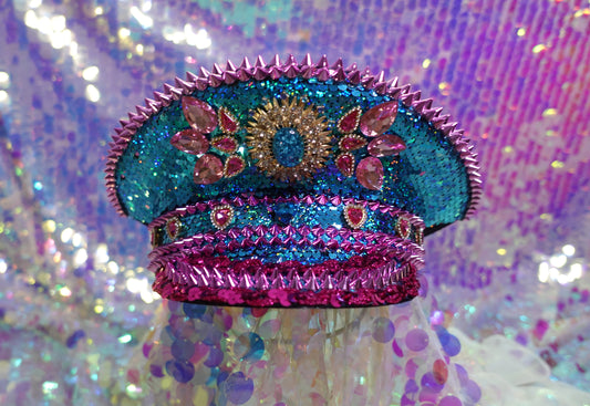 Blue-Magenta sequin steampunk hat